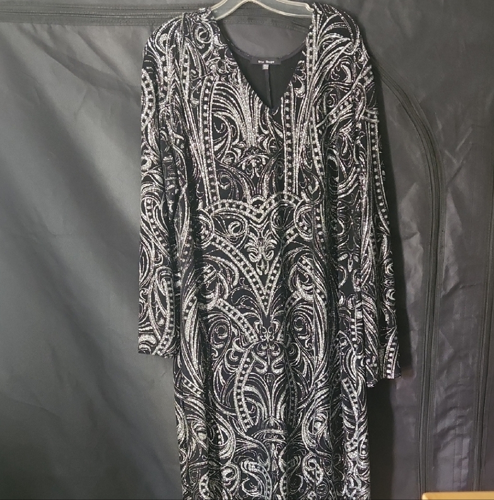 Blu Sage Black and Silver Patterned Long Sleeve Dress